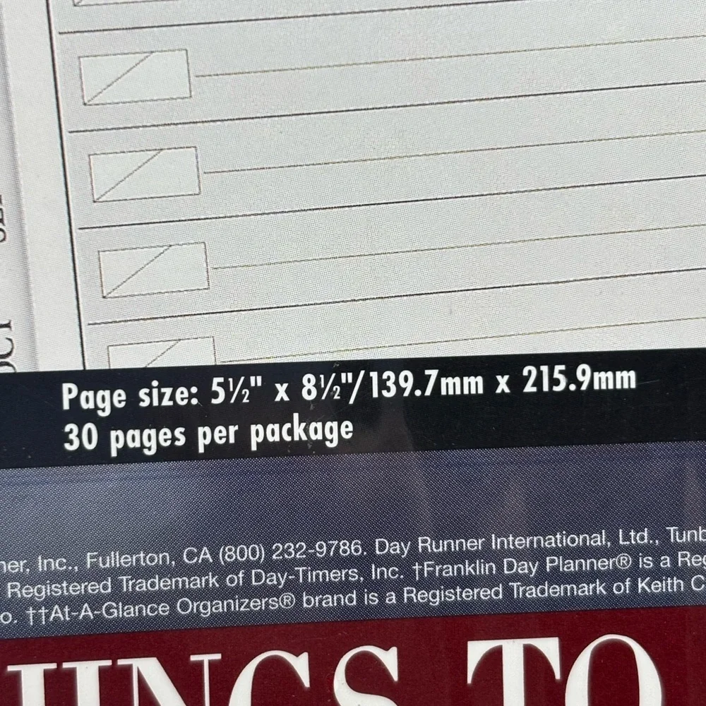 DAY RUNNER PRO Things To Do Pages #88190 NOS Pack 30 Sheets Sealed 7 Holes 1996